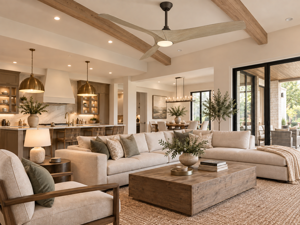 Avenor 62-inch ceiling fan in Bronze and White Oak installed in a warm modern living room with exposed wood beams.