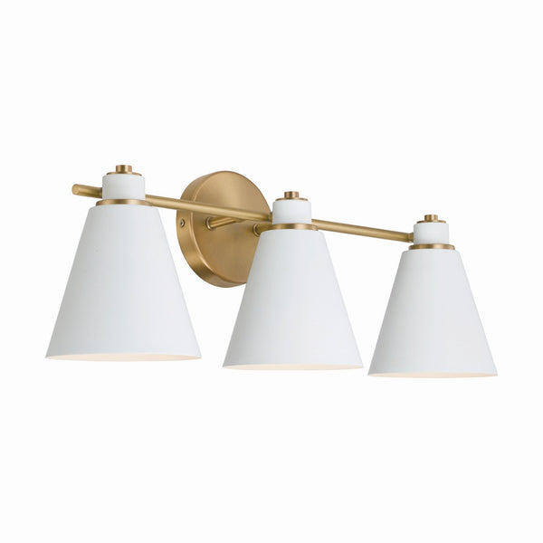 Collyn 24" Three Light Vanity, Aged Brass and White