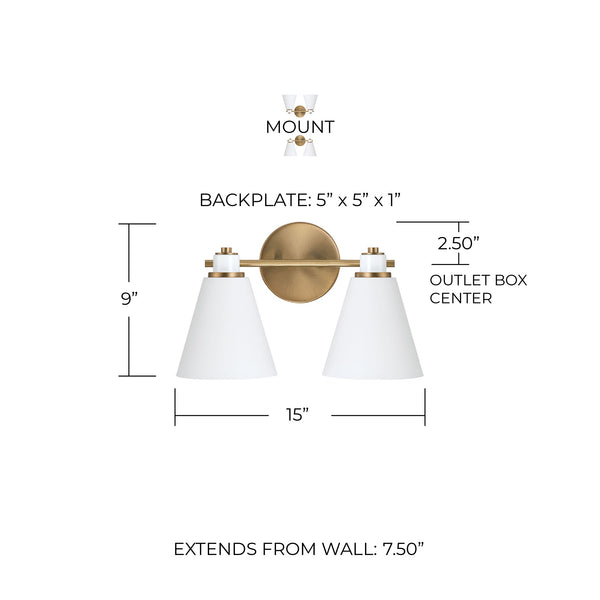 Collyn 15" Two Light Vanity, Aged Brass and White