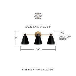 Collyn 24" Three Light Vanity, Aged Brass and Black