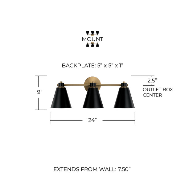Collyn 24" Three Light Vanity, Aged Brass and Black