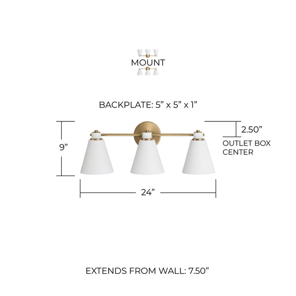 Collyn 24" Three Light Vanity, Aged Brass and White