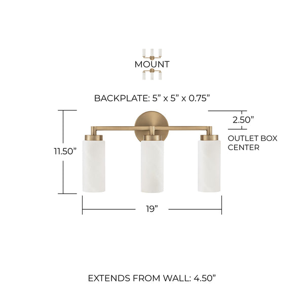 Sasha 19" Three Light Vanity, Aged Brass