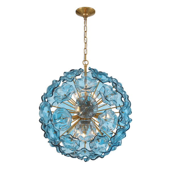 Astrid 22.5" Nine Light Pendant, Aged Brass with Blue Floral Glass Petals