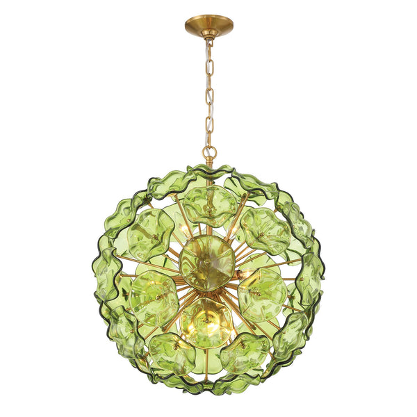 Astrid 22.5" Nine Light Pendant, Aged Brass with Green Floral Glass Petals