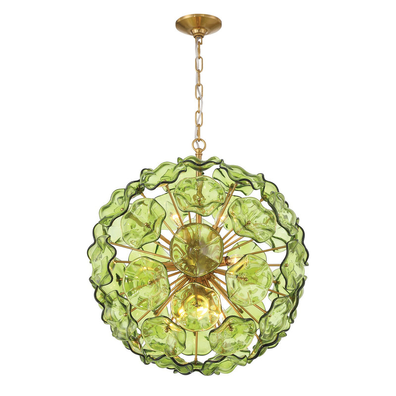 Astrid 22.5" Nine Light Pendant, Aged Brass with Green Floral Glass Petals