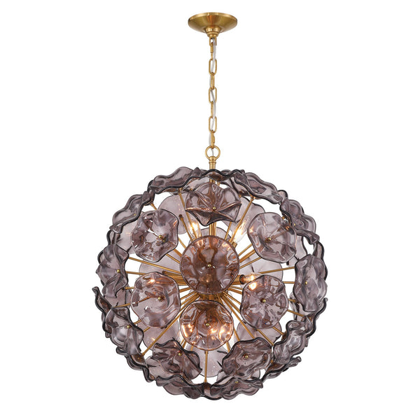 Astrid 22.5" Nine Light Pendant, Aged Brass with Smoked Floral Glass Petals