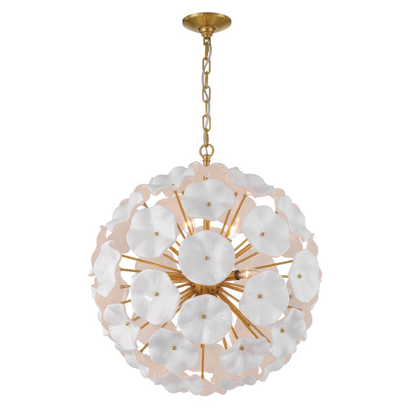 Astrid 22.5" Nine Light Pendant, Aged Brass with White Floral Glass Petals