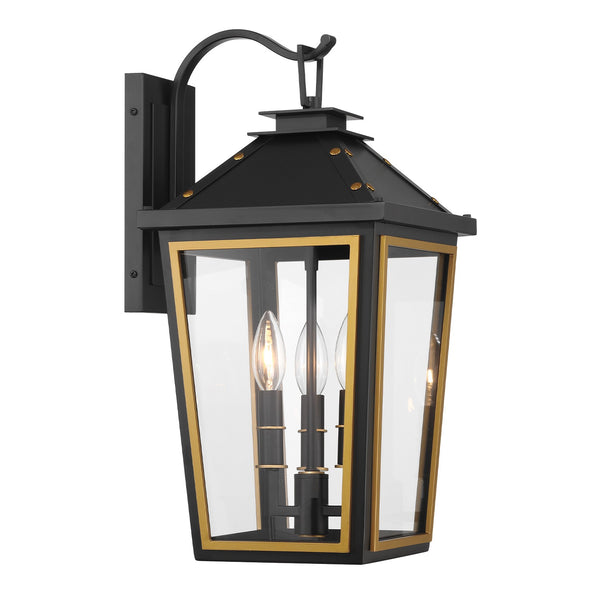 Ashford 9.5" Three Light Outdoor Wall Sconce, Matte Black + Textured Gold