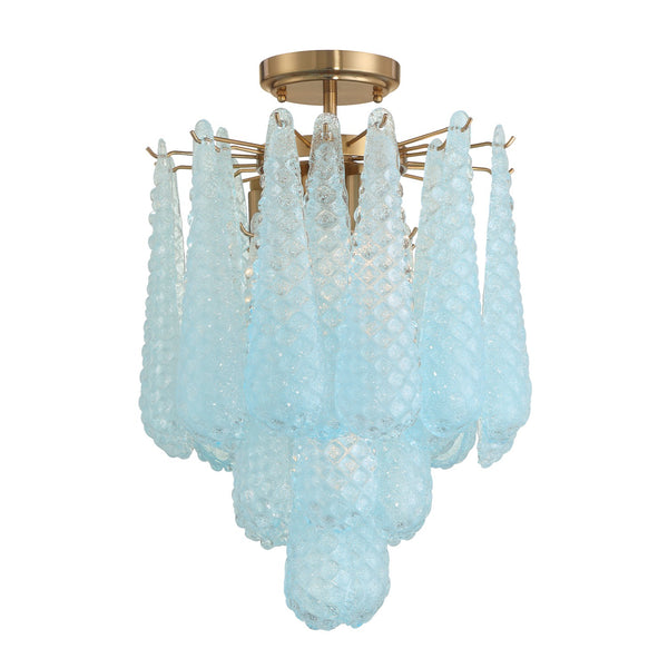 Greta 14.25" Four Light Semi Flush Mount, Aged Brass and Blue
