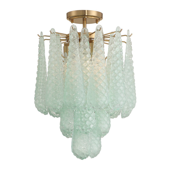Greta 14.25" Four Light Semi Flush Mount, Aged Brass and Green