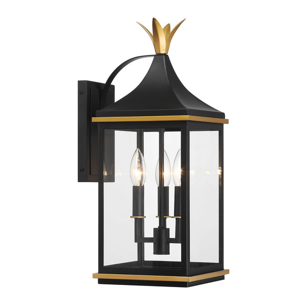 Carrington 8" Three Light Outdoor Wall Sconce, Matte Black + Textured Gold