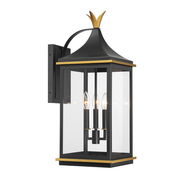 Carrington 10" Three Light Outdoor Wall Sconce, Matte Black + Textured Gold