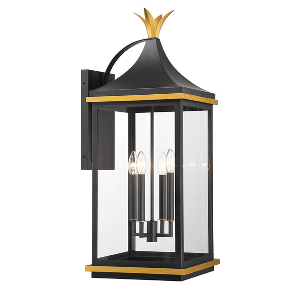Carrington 12.25" Four Light Outdoor Wall Sconce, Matte Black + Textured Gold