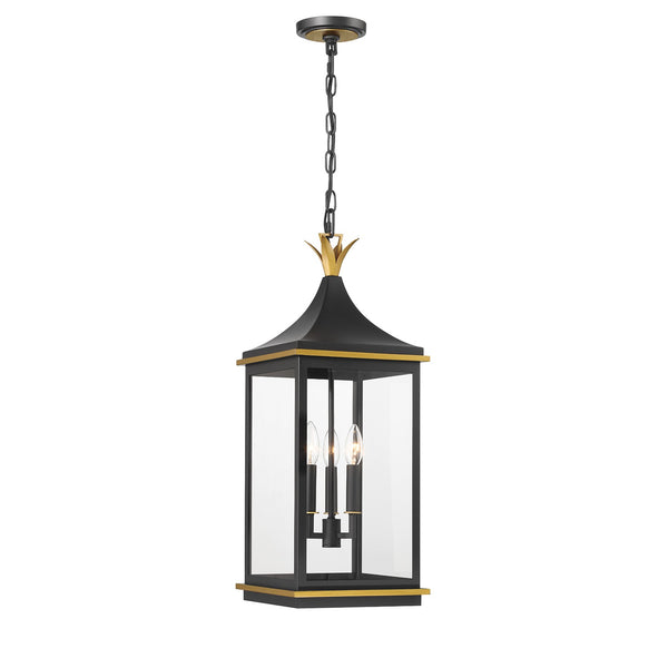 Carrington 10" Three Light Outdoor Pendant, Matte Black + Textured Gold