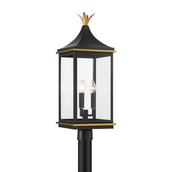 Carrington 10" Three Light Outdoor Post Mount, Matte Black + Textured Gold
