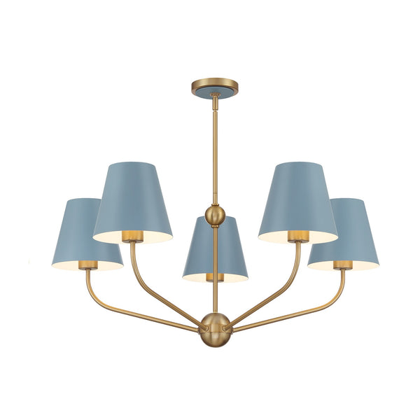 Xavian 28" Five Light Chandelier, Vibrant Gold with Blue Shades