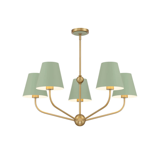 Xavian 28" Five Light Chandelier, Vibrant Gold with Green Shades
