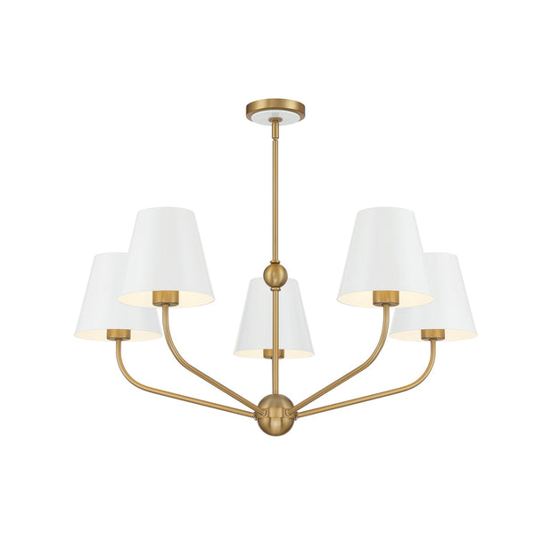 Xavian 28" Five Light Chandelier, Vibrant Gold with White Shades