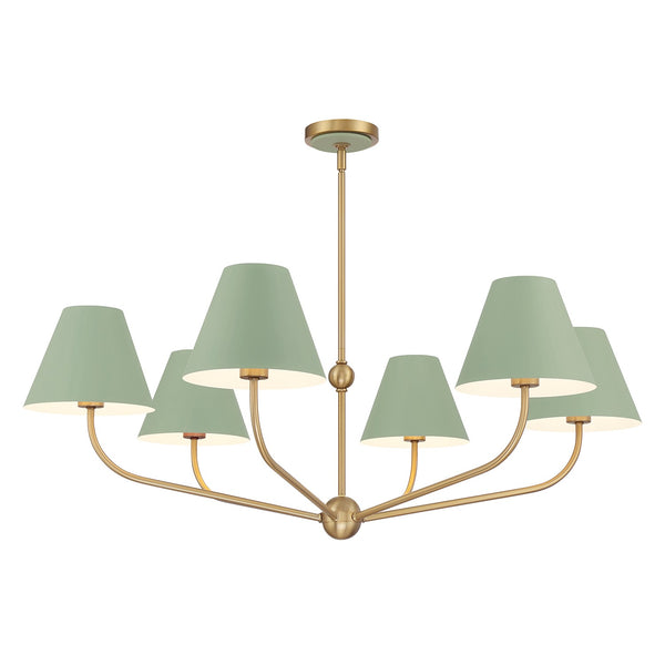Xavian 40" Six Light Chandelier, Vibrant Gold with Green Shades