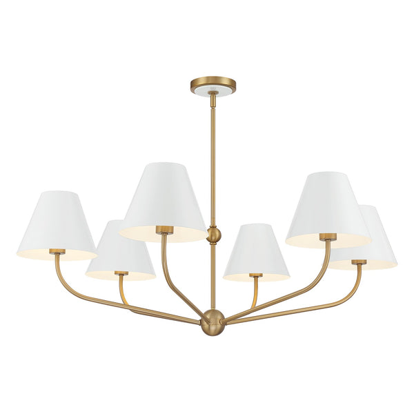 Xavian 40" Six Light Chandelier, Vibrant Gold with White Shades