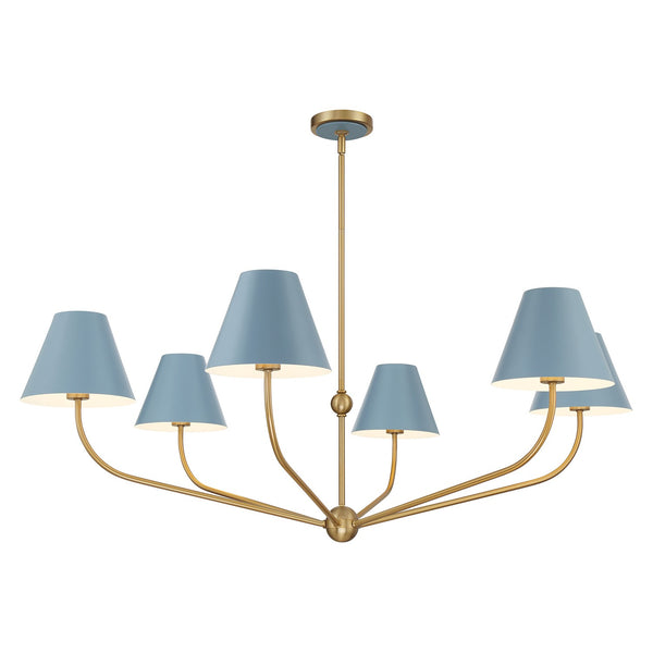 Xavian 48" Six Light Chandelier, Vibrant Gold with Blue Shades