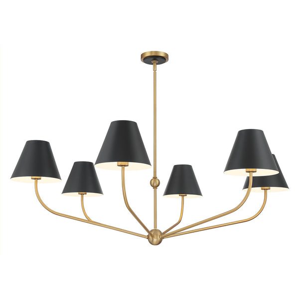Xavian 48" Six Light Chandelier, Vibrant Gold with Black Shades