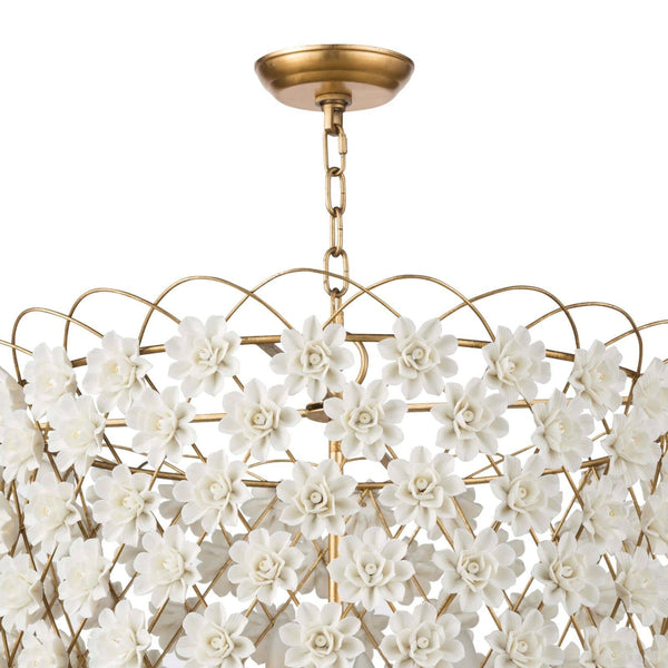 Alice Porcelain Flower 24" Four Lights Chandelier, Gold Leaf