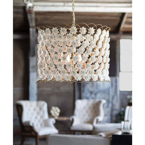 Alice Porcelain Flower 24" Four Lights Chandelier, Gold Leaf