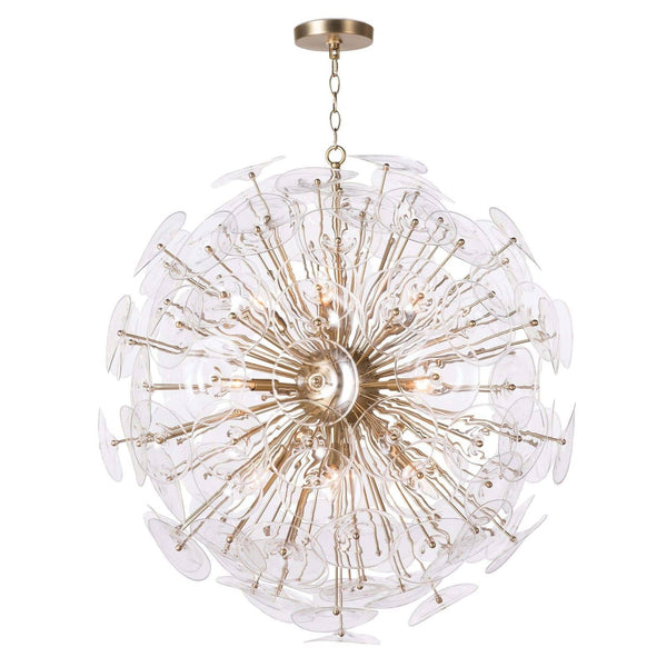 Poppy Glass 33" Twelve Lights Large Chandelier, Natural Brass