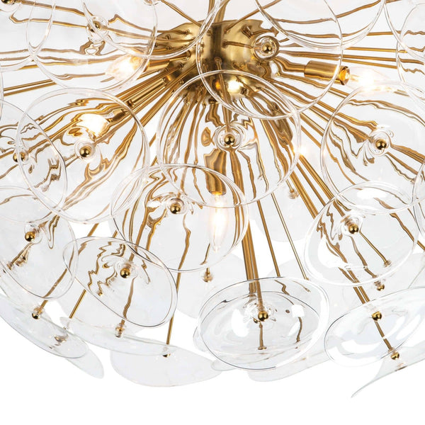 Poppy Glass 35" Five Lights Semi Flush, Natural Brass