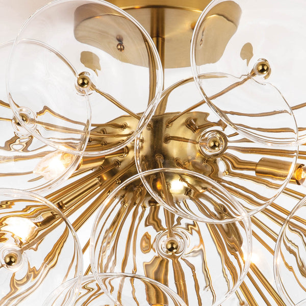 Poppy Glass 35" Five Lights Semi Flush, Natural Brass