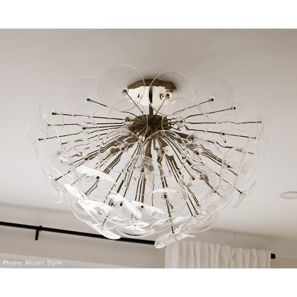 Poppy Glass 35" Five Lights Semi Flush, Natural Brass