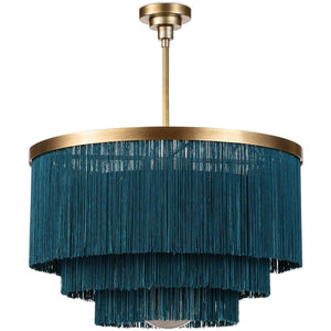 Cabaret Fringe 26" Four Light Chandelier, Natural Brass / Blue