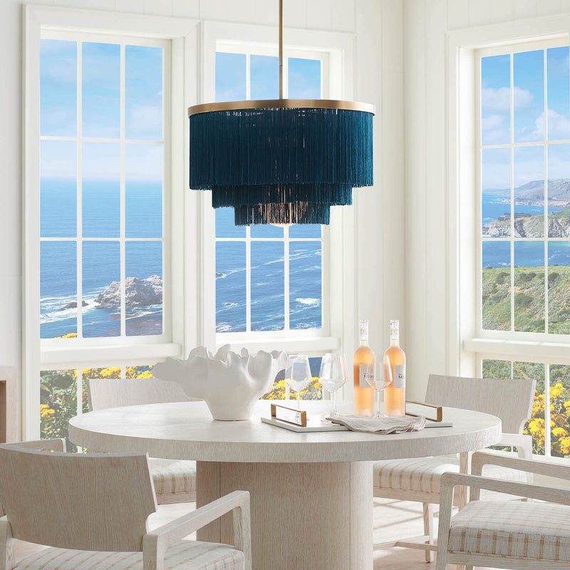Cabaret Fringe 26" Four Light Chandelier, Natural Brass / Blue