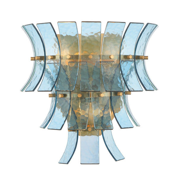 Arden 15" Three Light Wall Sconce, Aged Brass with Blue Curved Glass