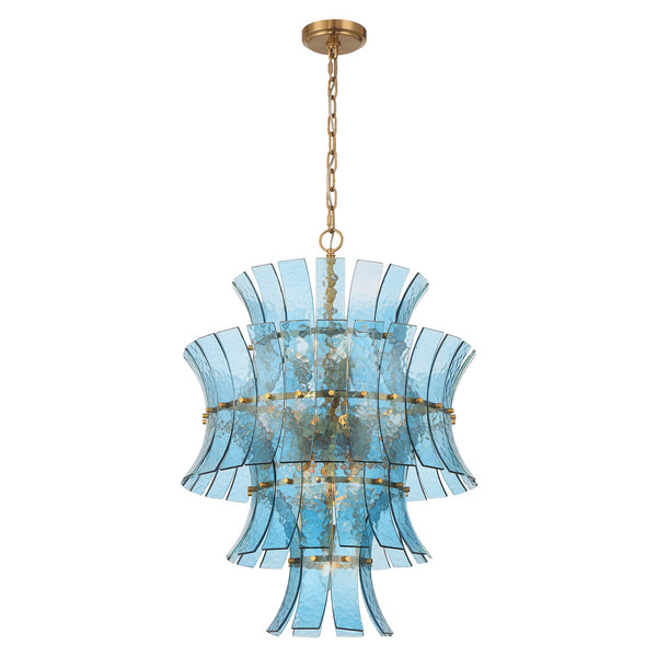 Arden 22.25" 13 Light Chandelier, Aged Brass with Blue Curved Glass