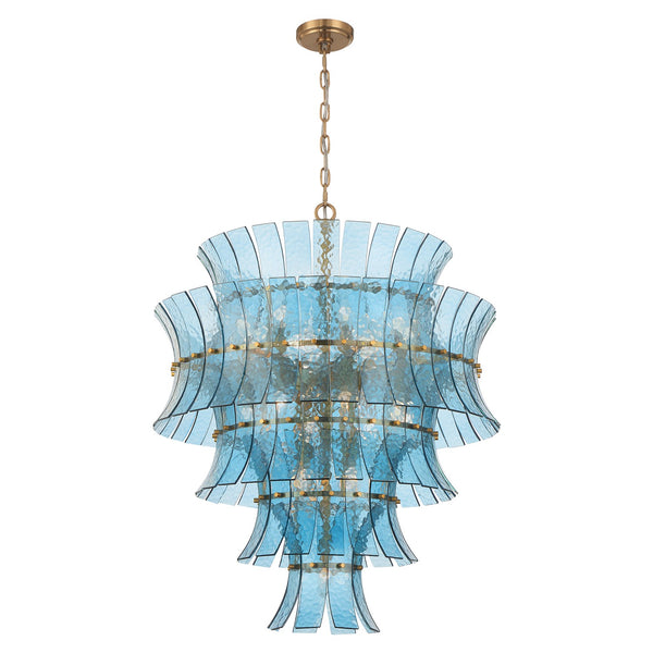 Arden 30" 21 Light Chandelier, Aged Brass with Blue Curved Glass