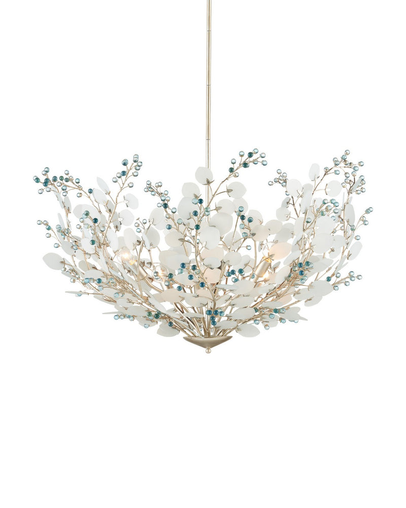 Winterberry Six Light Chandelier, Frosted / Blue / Contemporary Silver Leaf