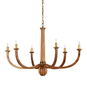 Woodcraft Six Light Chandelier, Natural / Antique Brass