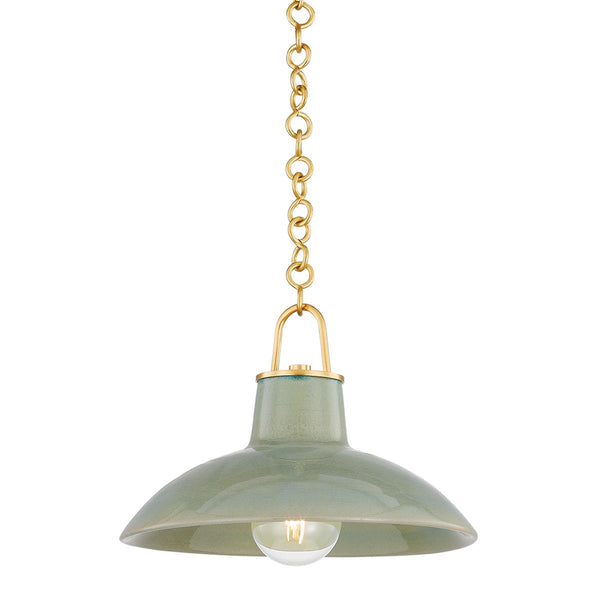 Caara 12" One Light Pendant, Aged Brass / Ceramic Moss Crackle