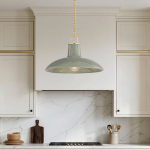 Caara 18" One Light Pendant, Aged Brass / Ceramic Moss Crackle