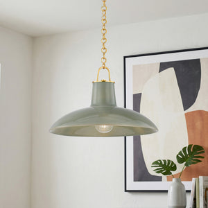 Caara 18" One Light Pendant, Aged Brass / Ceramic Moss Crackle