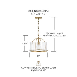 Kendal 13" One Light Semi Flush Mount, Aged Brass
