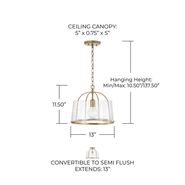 Kendal 13" One Light Semi Flush Mount, Aged Brass
