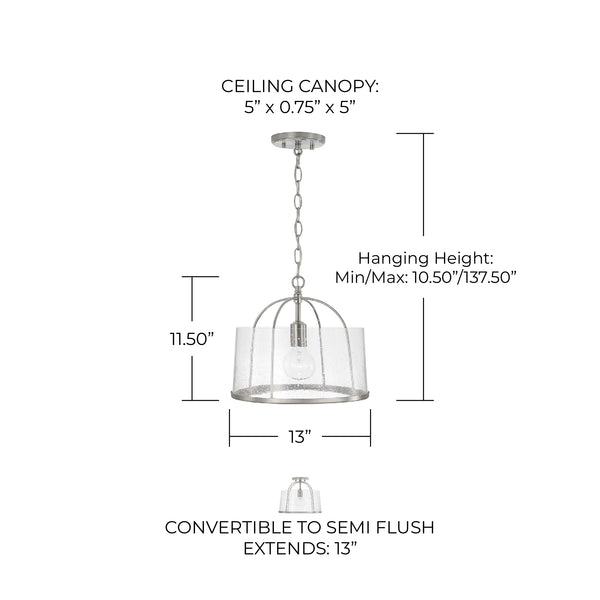 Kendal 13" One Light Semi Flush Mount, Brushed Nickel