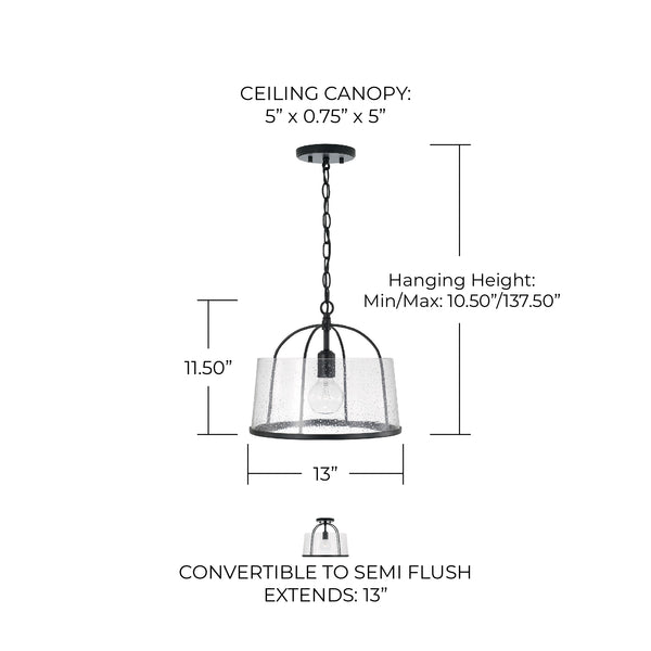 Kendal 13" One Light Semi Flush Mount, Matte Black