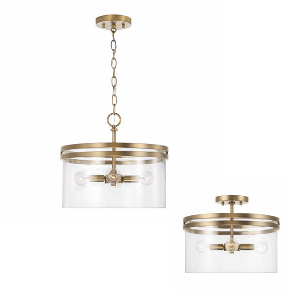 Loren 14.5" Four Light Dual Mount Semi Flush/Pendant, Aged Brass