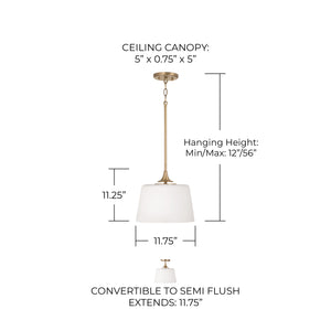 Andie 11.75" One Light Dual Mount Semi Flush/Pendant, Aged Brass