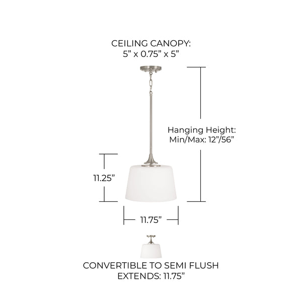 Andie 11.75" One Light Dual Mount Semi Flush/Pendant, Brushed Nickel